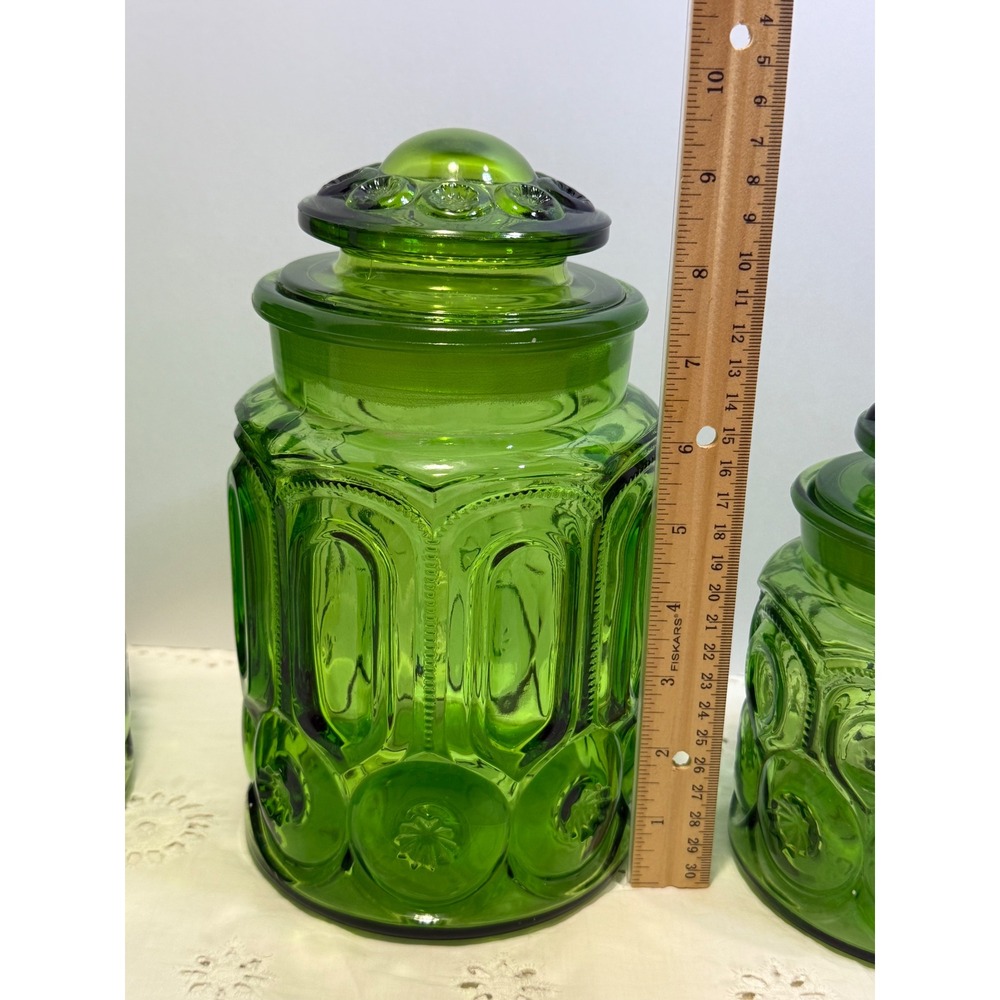 Vintage LE Smith Moon and Star Green Glass Canister Set 4 Piece Apothecary Jars - Picture 5 of 16